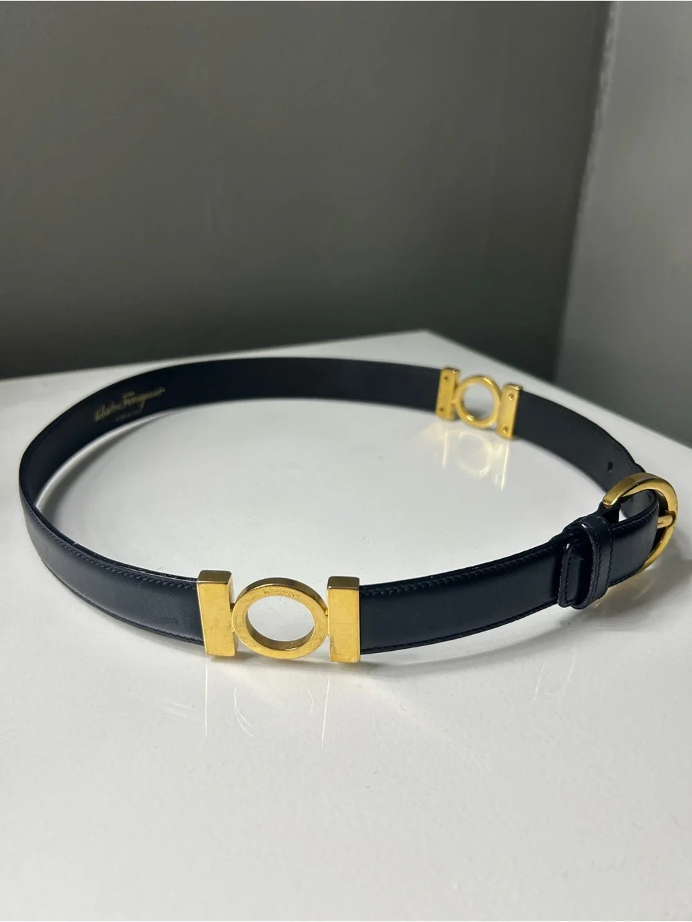 Salvatore Ferragamo Navy Blue Gancini Belt w Gold Buckle 30.5”L